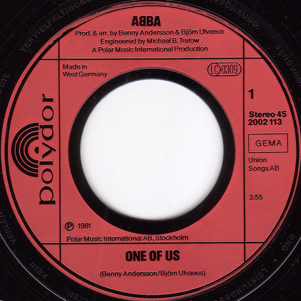 ABBA - One Of Us Vinyl Singles Vinyl Very Good (VG) <br> Hoes Good Plus (G+)