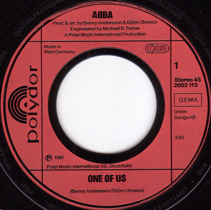 ABBA - One Of Us Vinyl Singles Vinyl Very Good (VG) <br> Hoes Good Plus (G+)