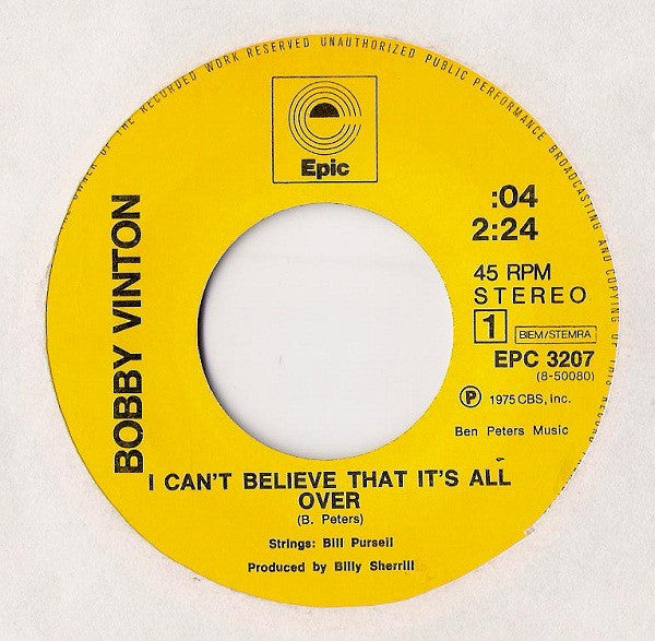 Bobby Vinton - I Can't Believe That It's All Over Vinyl Singles Vinyl Very Good (VG) <br> Hoes Generic