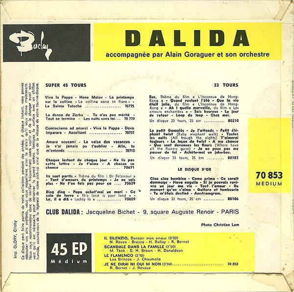 Dalida - Il Silenzio - Bonsoir Mon Amour Vinyl Singles EP Vinyl Very Good (VG) <br> Hoes Good Plus (G+)