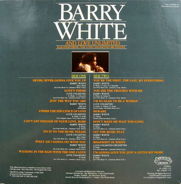 Barry White And Love Unlimited Also Featuring Love Unlimited Orchestra - Love Songs (LP) Vinyl LP Vinyl Very Good (VG) <br> Hoes Good Plus (G+)