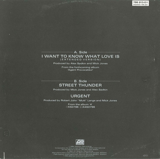 Foreigner - I Want To Know What Love Is (Extended Version) (Maxi-Single) Maxi-Singles Vinyl Zeer Goed / Hoesje Goed "VINYLSINGLES.NL"