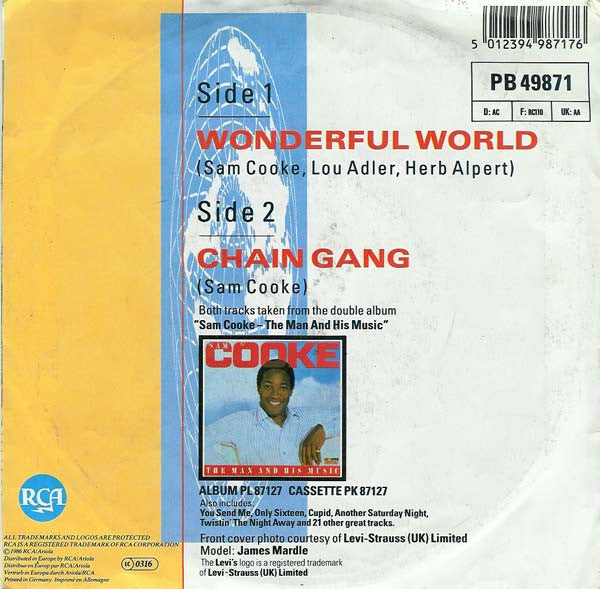 Sam Cooke - Wonderful World Vinyl Singles Vinyl Very Good (VG) <br> Hoes Good Plus (G+)