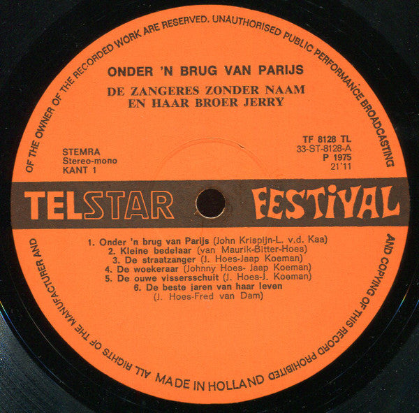 Zangeres Zonder Naam - Onder 'n Brug Van Parijs (LP) Vinyl LP Vinyl Very Good (VG) <br> Hoes Good Plus (G+)