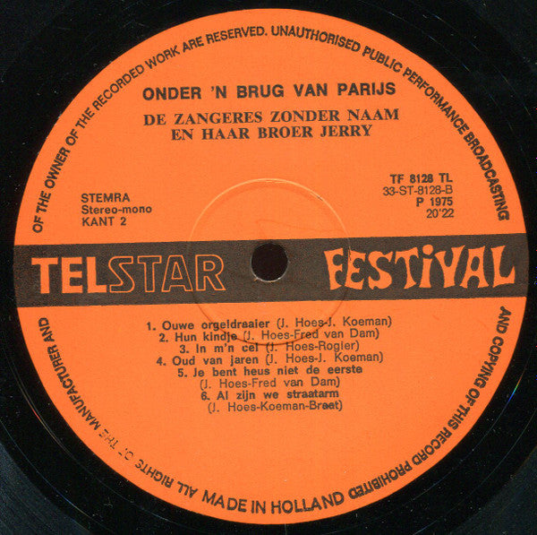 Zangeres Zonder Naam - Onder 'n Brug Van Parijs (LP) Vinyl LP Vinyl Very Good (VG) <br> Hoes Good Plus (G+)