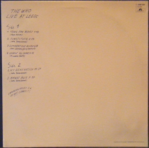 Who - Live At Leeds (LP) Vinyl LP Vinyl Very Good (VG) <br> Hoes Good Plus (G+)
