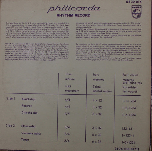 Unknown Artist - Philicorda Rhythm Record 33676 Vinyl Singles Goede Staat