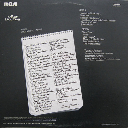Chet Atkins - Alone (LP) Vinyl LP Vinyl Zeer Goed / Hoesje Goed "VINYLSINGLES.NL"