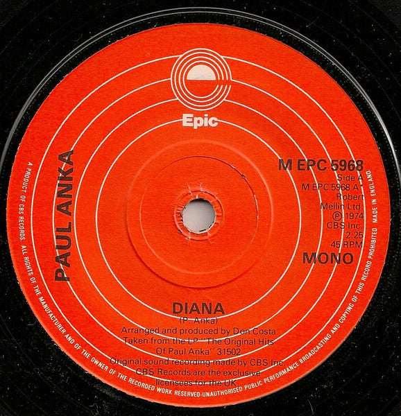 Paul Anka - Diana 36183 Vinyl Singles Hoes: Generic