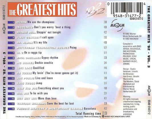 Various - The Greatest Hits '92 - Vol. 3 (CD) Compact Disc Goede Staat "VINYLSINGLES.NL"