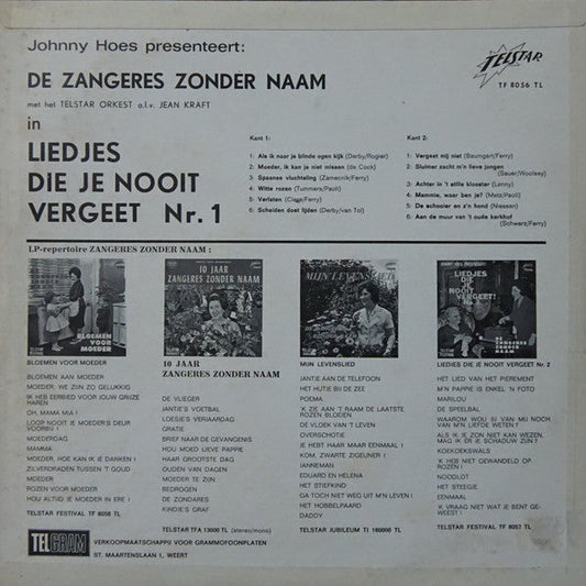 Zangeres Zonder Naam - Liedjes Die Je Nooit Vergeet 1 (LP) Vinyl LP Vinyl Zeer Goed / Hoesje Goed "VINYLSINGLES.NL"