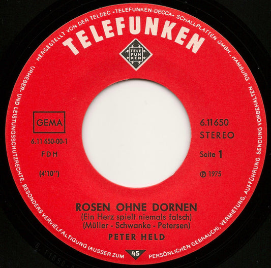 Peter Held - Rosen Ohne Dornen (Ein Herz Spielt Niemals Falsch) 36046 Vinyl Singles Goede Staat
