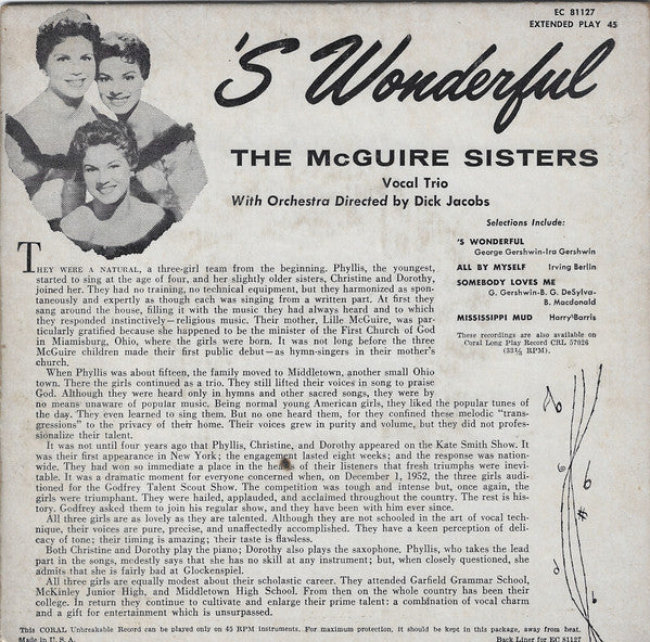 McGuire Sisters - 'S Wonderful Vinyl Singles EP Vinyl Very Good (VG) <br> Hoes Good Plus (G+)