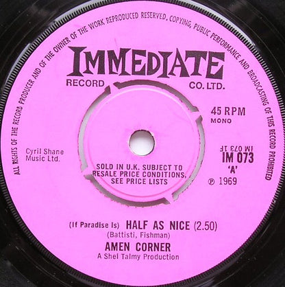 Amen Corner - (If Paradise Is) Half As Nice Vinyl Singles Vinyl (VG) <br> Hoes Generic