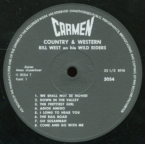 Bill West And His Wild Riders - Country & Western (LP) Vinyl LP Vinyl Very Good (VG) <br> Hoes Good Plus (G+)