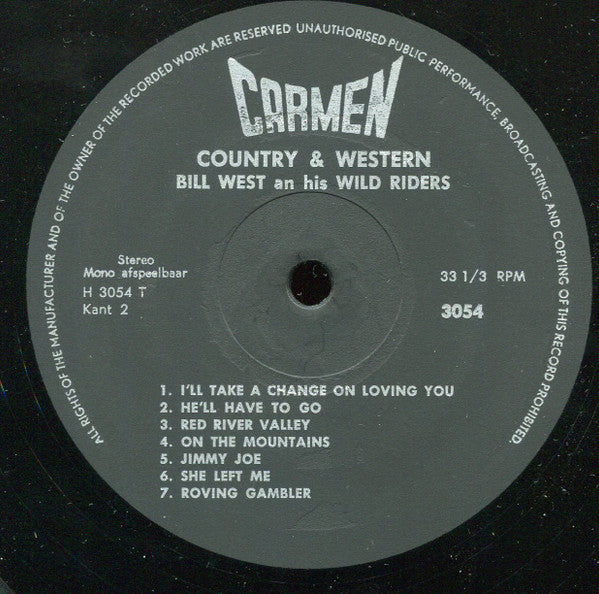 Bill West And His Wild Riders - Country & Western (LP) Vinyl LP Vinyl Very Good (VG) <br> Hoes Good Plus (G+)