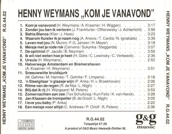 Henny Weijmans - Kom Je Vanavond (CD) Compact Disc Goede Staat