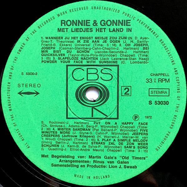 Ronnie & Gonnie - Met Liedjes Het Land In (LP) Vinyl LP Vinyl Very Good (VG) <br> Hoes Good Plus (G+)
