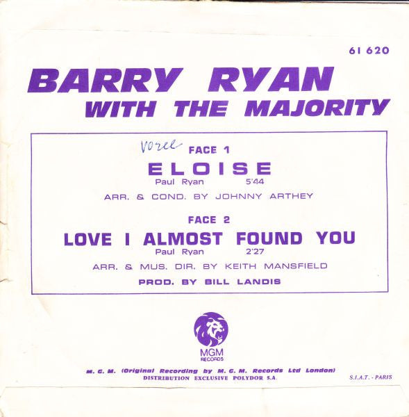 Barry Ryan - Eloise (B-Keus) Vinyl Singles Vinyl Goed / Hoes Redelijk