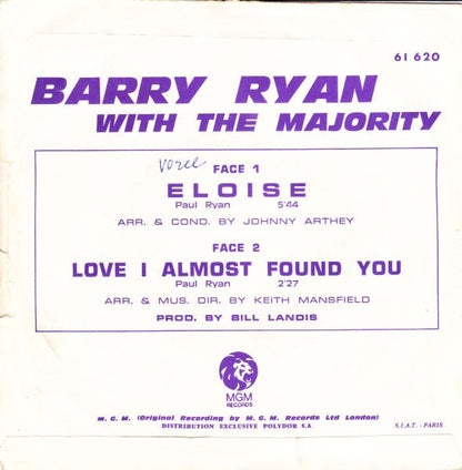Barry Ryan - Eloise (B-Keus) Vinyl Singles Vinyl Goed / Hoes Redelijk