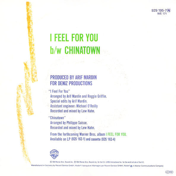 Chaka Khan - I Feel For You Vinyl Singles Vinyl Very Good (VG) <br> Hoes Good Plus (G+)