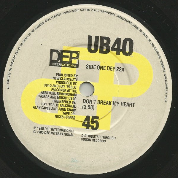 UB40 - Don't Break My Heart 36130 Vinyl Singles Goede Staat