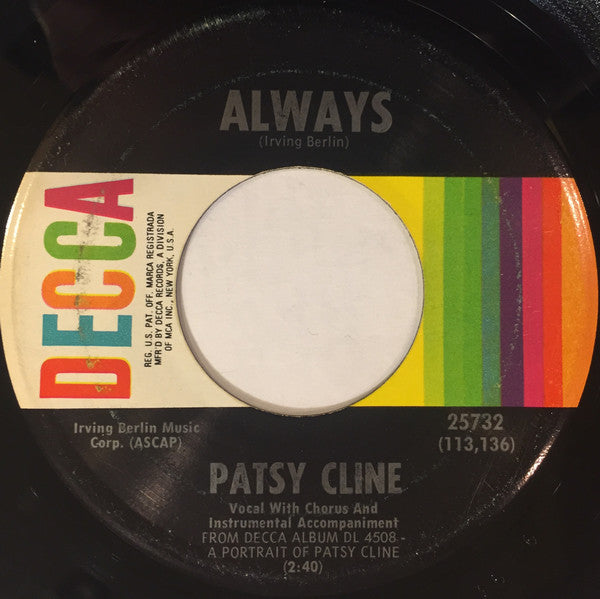 Patsy Cline - Always Vinyl Singles Vinyl (VG) <br> Hoes Generic