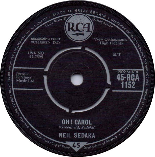 Neil Sedaka - Oh ! Carol Vinyl Singles Vinyl Goed / Hoes Generic