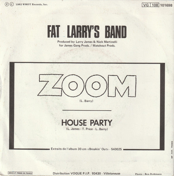 Fat Larry's Band - Zoom Vinyl Singles Vinyl Very Good (VG) <br> Hoes Good Plus (G+)