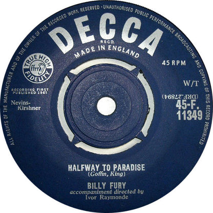 Billy Fury - Halfway To Paradise Vinyl Singles Vinyl Very Good (VG) <br> Hoes Generic