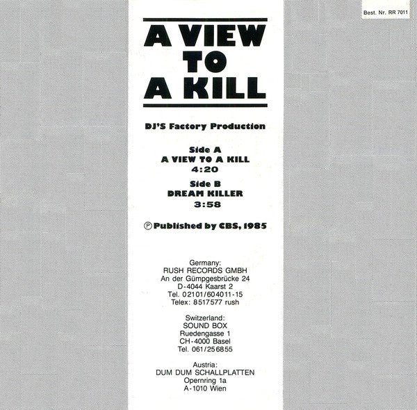 D.J.'s Factory - A View To A Kill Vinyl Singles Vinyl Very Good (VG) <br> Hoes Good Plus (G+)