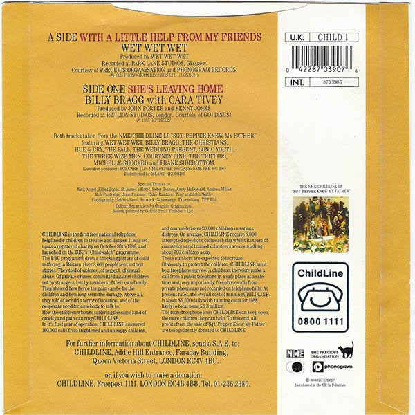 Wet Wet Wet / Billy Bragg - With A Little Help From My Friends / She's Leaving Home Vinyl Singles Vinyl Very Good (VG) <br> Hoes Good Plus (G+)