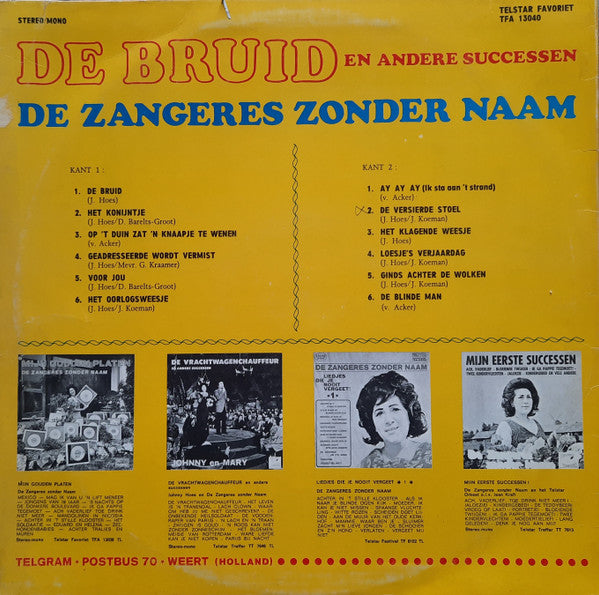Zangeres Zonder Naam - De Bruid En Andere Successen (LP) Vinyl LP Vinyl Very Good (VG) <br> Hoes Good Plus (G+)