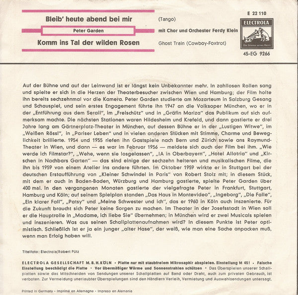 Peter Garden - Bleib' Heute Abend Bei Mir Vinyl Singles Vinyl Very Good (VG) <br> Hoes Good Plus (G+)