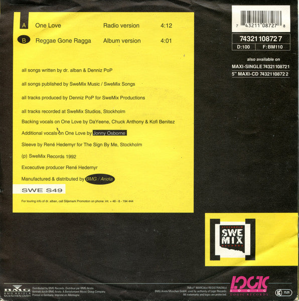 Dr. Alban - One Love Vinyl Singles Vinyl Very Good (VG) <br> Hoes Good Plus (G+)