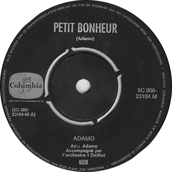 Adamo - Petit Bonheur Vinyl Singles Vinyl Very Good (VG) <br> Hoes Generic