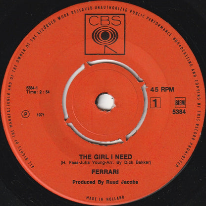 Ferrari - The Girl I Need Vinyl Singles Vinyl (VG) <br> Hoes Generic
