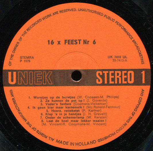 Various - 16 x Feest 6 (LP) Vinyl LP Vinyl Zeer Goed / Hoesje Goed "VINYLSINGLES.NL"