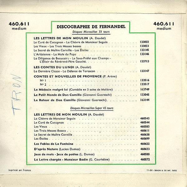 Fernandel - Lettres De Mon Moulin - Les Trois Messes Basses Vinyl Singles Media VG / Sleeve G "VINYLSINGLES.NL"