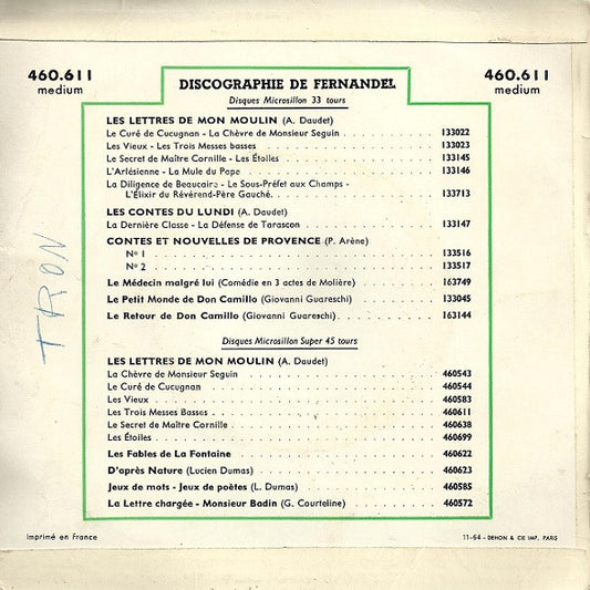 Fernandel - Lettres De Mon Moulin - Les Trois Messes Basses Vinyl Singles Media VG / Sleeve G "VINYLSINGLES.NL"