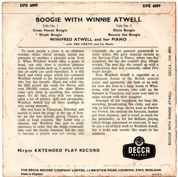 Winifred Atwell - Boogie With Winnie Atwell Vinyl Singles EP Vinyl (VG) <br> Hoes (G+)