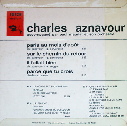 Charles Aznavour - Chante Paris Au Mois D'août Vinyl Singles Vinyl Very Good (VG) <br> Hoes Good Plus (G+)