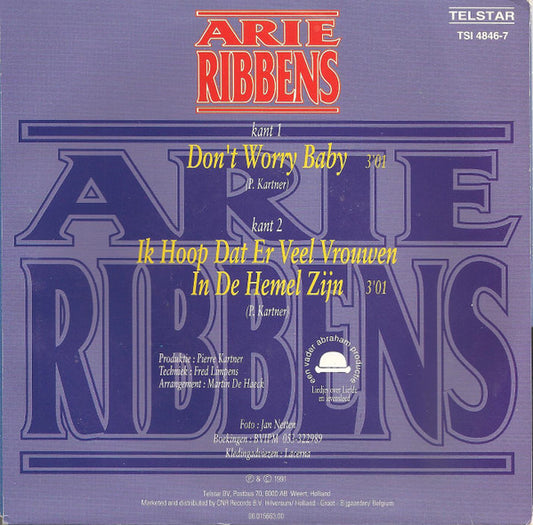 Arie Ribbens - Don't Worry Baby Vinyl Singles Vinyl Zeer Goed / Hoesje Goed "VINYLSINGLES.NL"