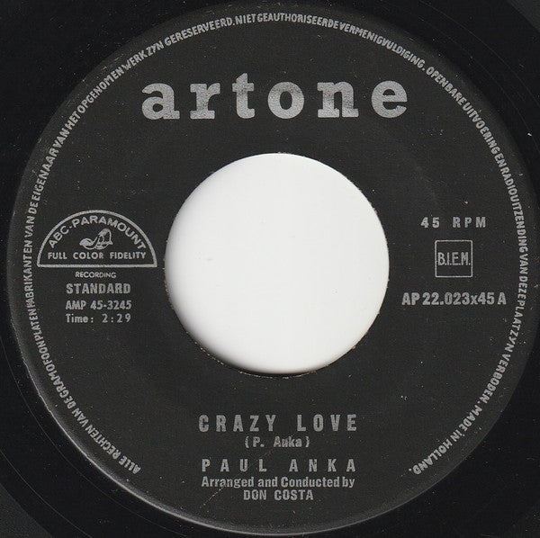 Paul Anka - Crazy Love Vinyl Singles Vinyl Very Good (VG) <br> Hoes Generic