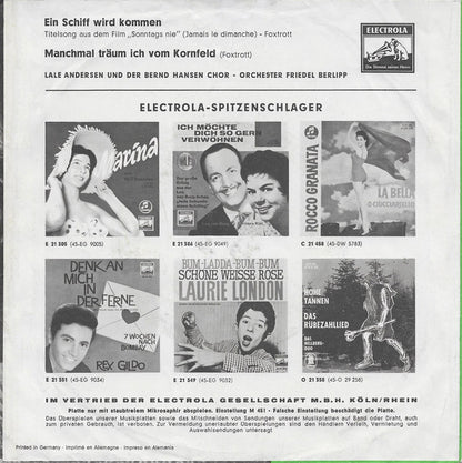 Lale Andersen - Ein Schiff Wird Kommen Vinyl Singles Vinyl Very Good (VG) <br> Hoes Good Plus (G+)