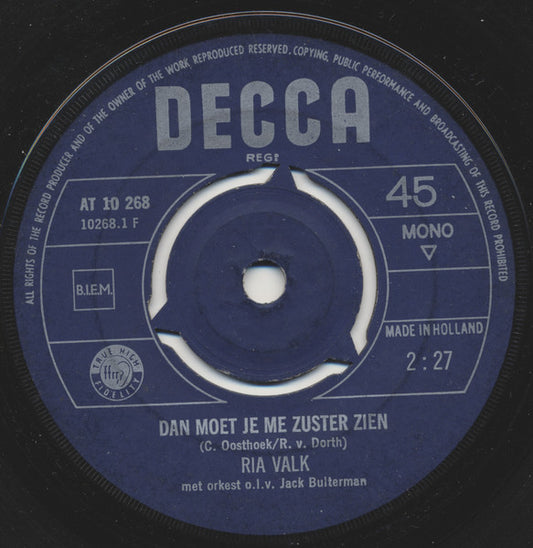 Ria Valk - Moet Je M'n Zuster Zien Vinyl Singles Vinyl Very Good (VG) <br> Hoes Generic