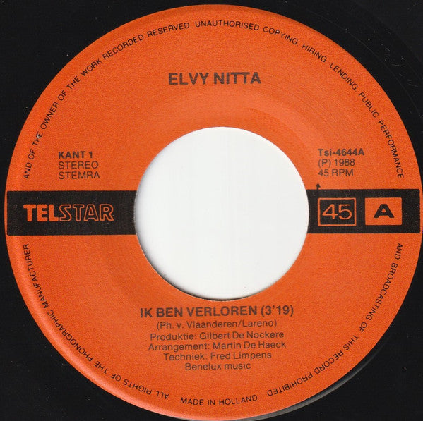 Elvy Nitta - Ik Ben Verloren Vinyl Singles Vinyl Very Good (VG) <br> Hoes Generic