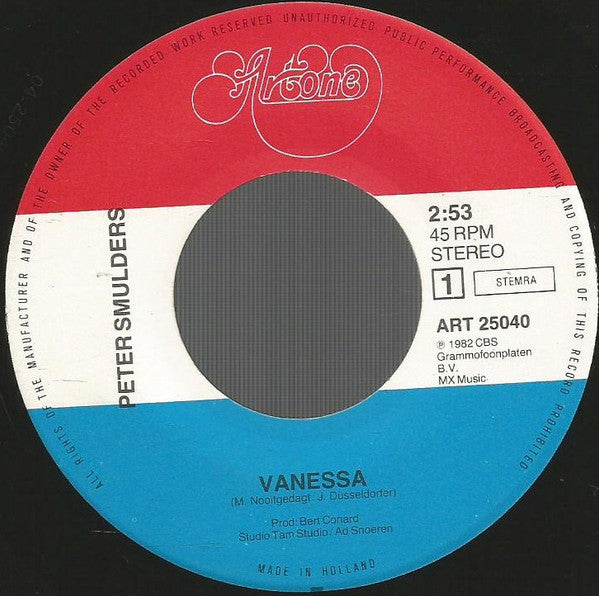 Peter Smulders - Vanessa Vinyl Singles Vinyl Very Good (VG) <br> Hoes Good Plus (G+)