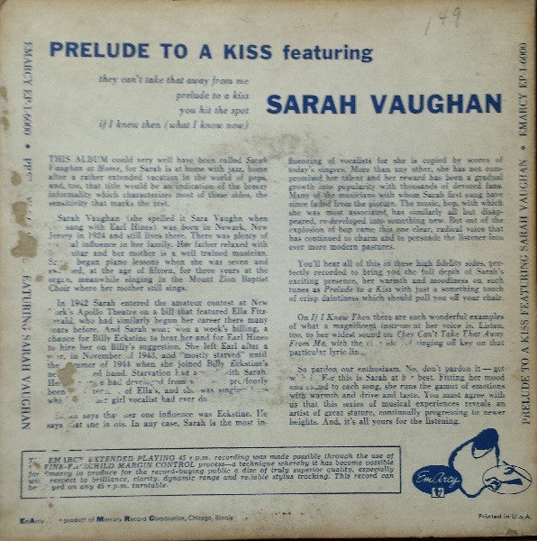 Sarah Vaughan - Prelude To A Kiss Vinyl Singles EP Vinyl Very Good (VG) <br> Hoes Good Plus (G+)