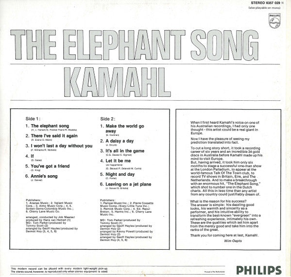 Kamahl - The Elephant Song (LP) Vinyl LP Vinyl Very Good (VG) <br> Hoes Good Plus (G+)